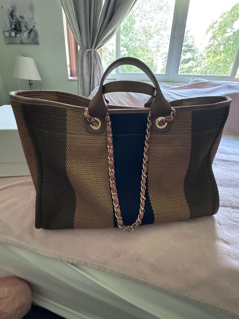 CHANEL Brown Straw Tote with Pink & Teal Embroidery and Navy Stripe - Picture 2 of 5